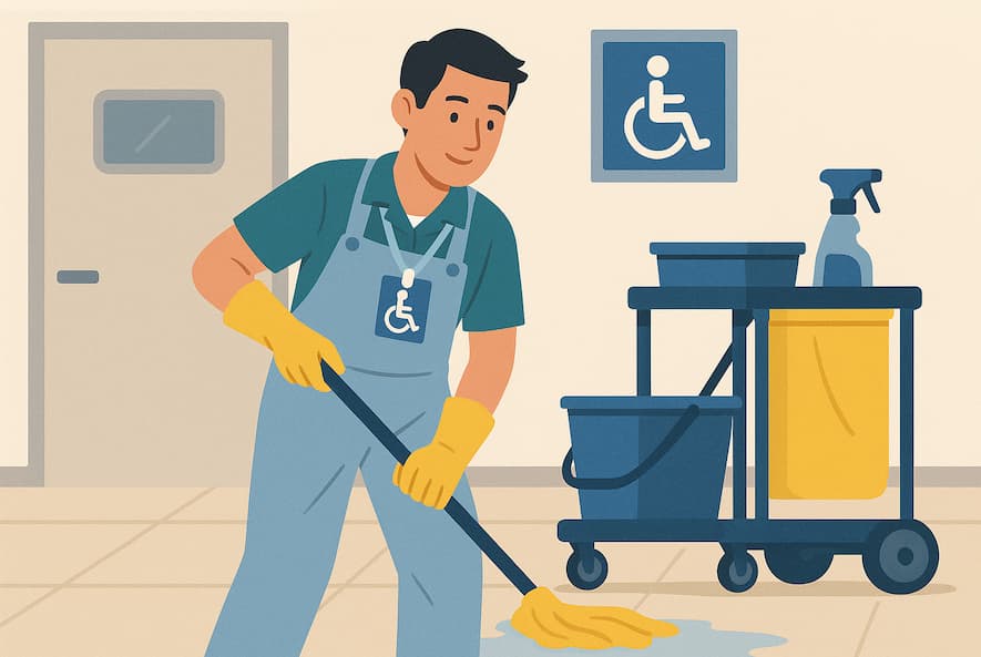 Ilustración de personal de limpieza con carro y útiles de trabajo