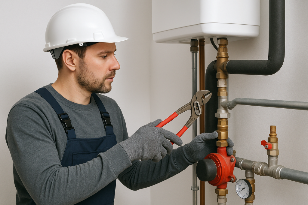 Trabajador ajustando tuberías en una instalación térmica